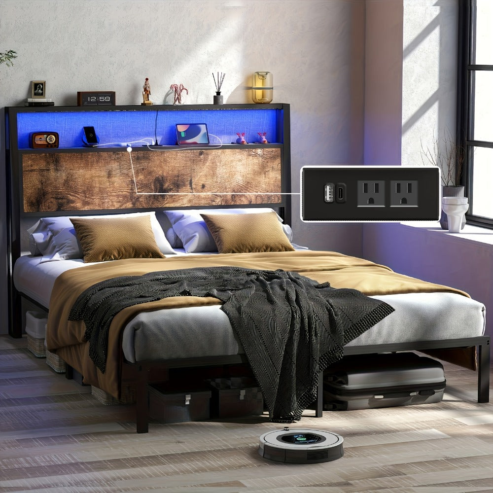 Bed Frames, LED Bed Frame with USB Charging & 2-Tier Storage Headboard - Metal Platform shown in the main product view