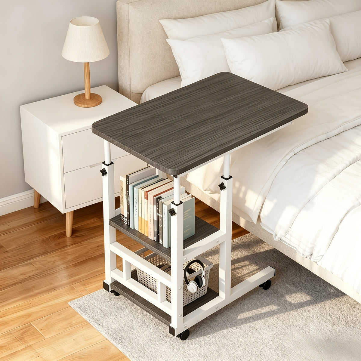 Bedside Table shown in the 4 wheels, dark gray option