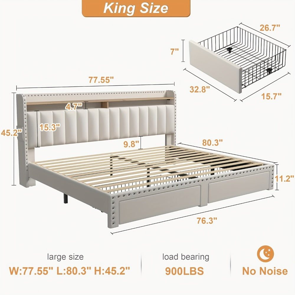 2-Tier Upholstered Bed Frame with Storage Drawers and No Box Spring Needed detail image - detail view 4