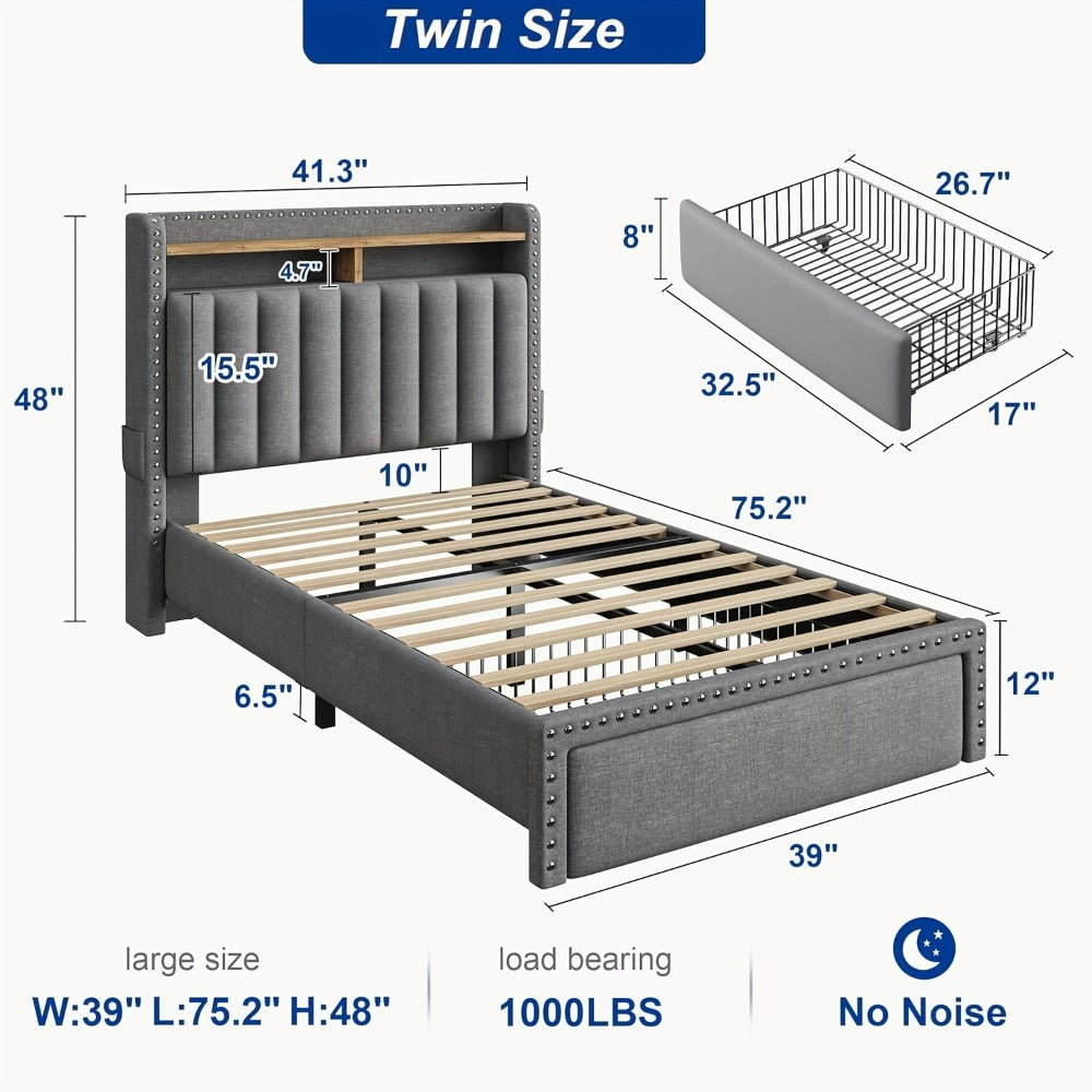 2-Tier Upholstered Bed Frame with Storage Drawers and No Box Spring Needed detail image - detail view 5