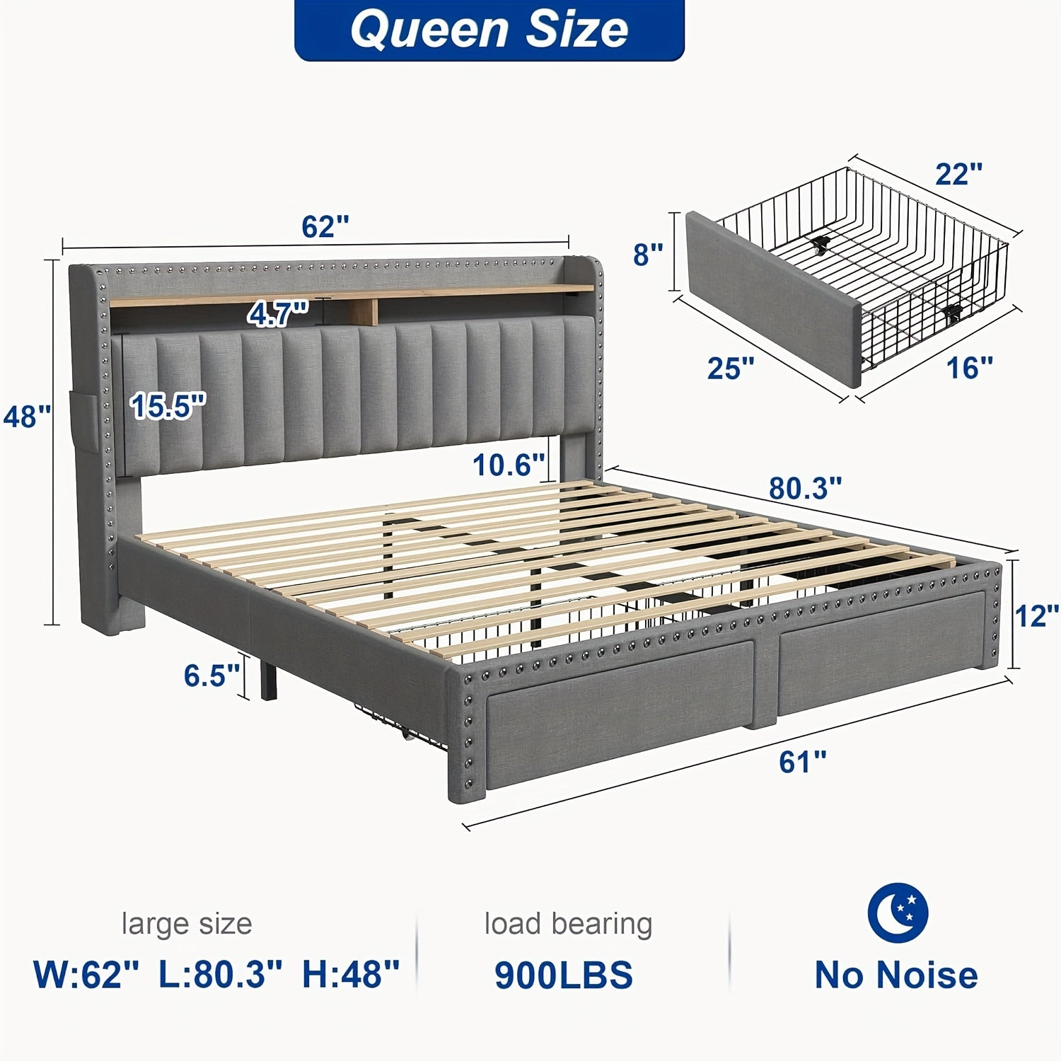 Bed Frame shown in the Grey, Queen option