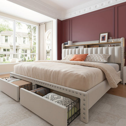 Bed Frame, King Size Upholstered with Storage 2 Drawers 2-Tier Headboard Wood Slats No Box shown in the main product view