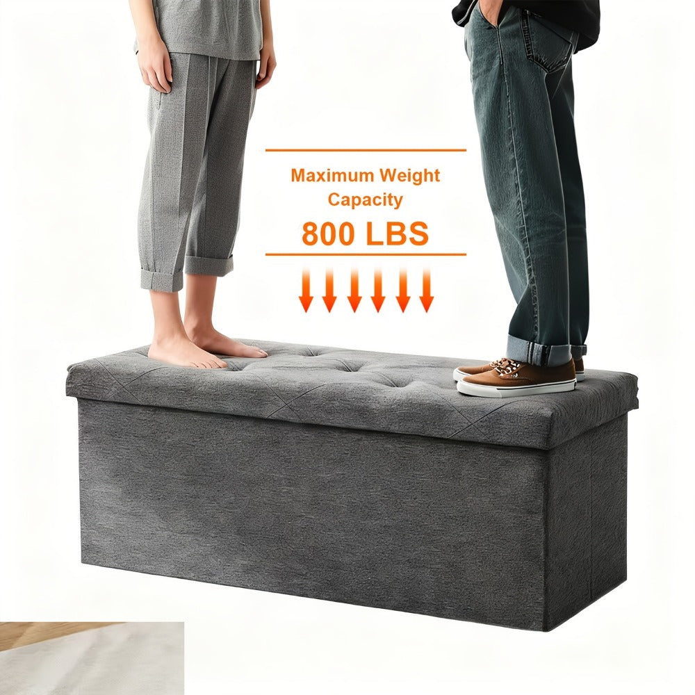 Outdoor Storage Ottoman Bench 30 & 43 Inch Folding Deck Box with Padded Seat, Patio Furniture Storage Chest End of Bed Bench for Living Room Bedroom Garden, Grey