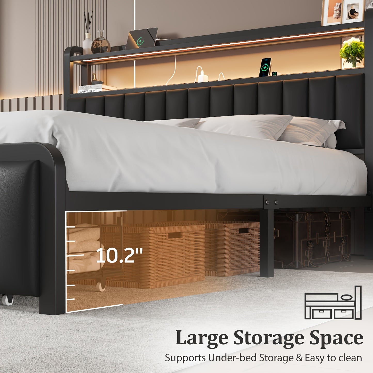 Metal Platform Bed Frame with 2 - Tier Storage Headboard, Hidden Drawers & 12" Under - Bed Space, Full/Queen Size, Black