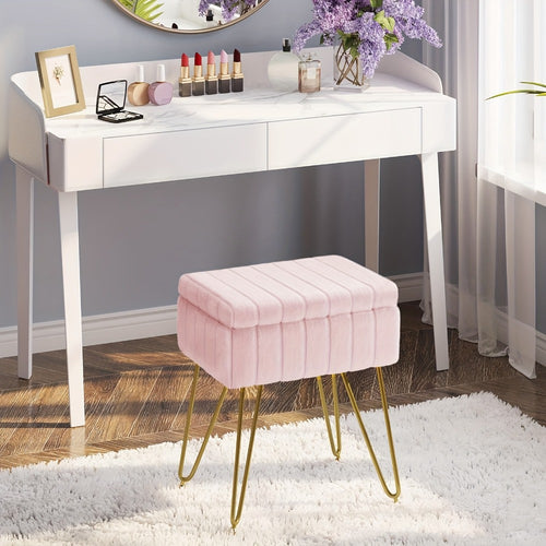 Vanity Stool with Storage Hidden Compartment Gold Metal Legs Upholstered Makeup Chair Shoe Bench Bedroom Accent 5 Colors Pink White Black Purple PU Leather