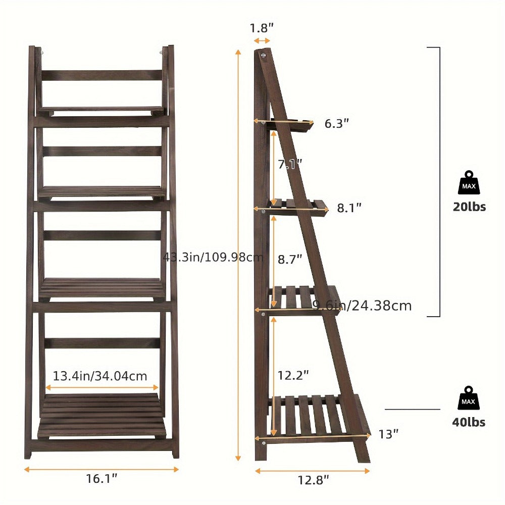4-Tier Ladder Plant Stand Solid Wood Foldable, Paulownia Wood Display Shelf for Plants Garden Patio Balcony Living Room, Corner Shelf Storage Rack Bookshelf