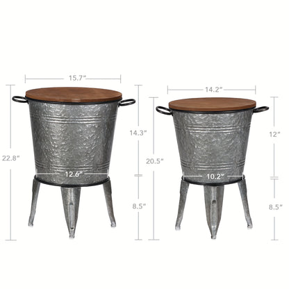 Set of 2 Rustic Farmhouse End Tables, Galvanized Metal Nesting Accent Side Tables with Round Wood Lids