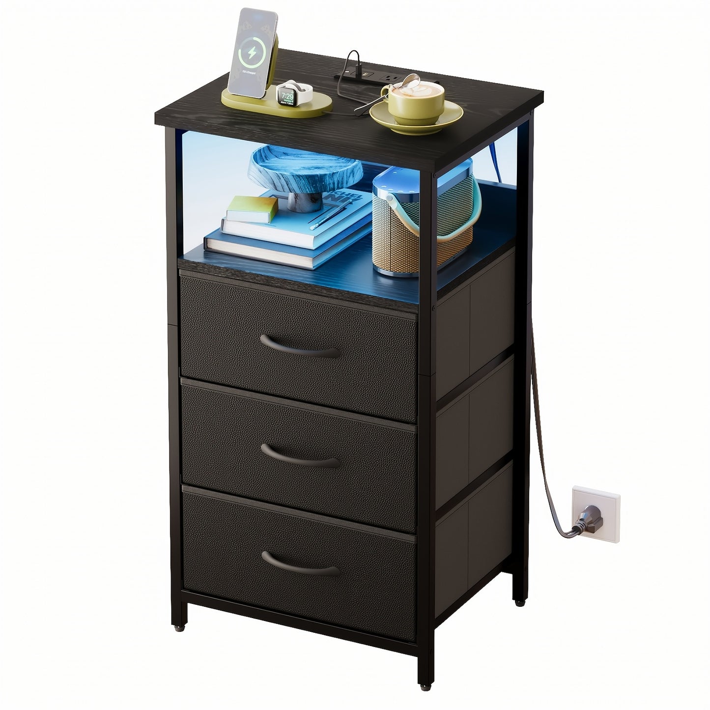 [Halloween Christmas] TOMNK Night Stand With Charging Station Set Of 1/2, Dresser For Bedroom With LED Light, Side Table With USB Port, 3/4 Fabric Drawers With PU End, For Small Spaces, Closet, School And Dormitory Storage, Entryway, For Halloween And Chr