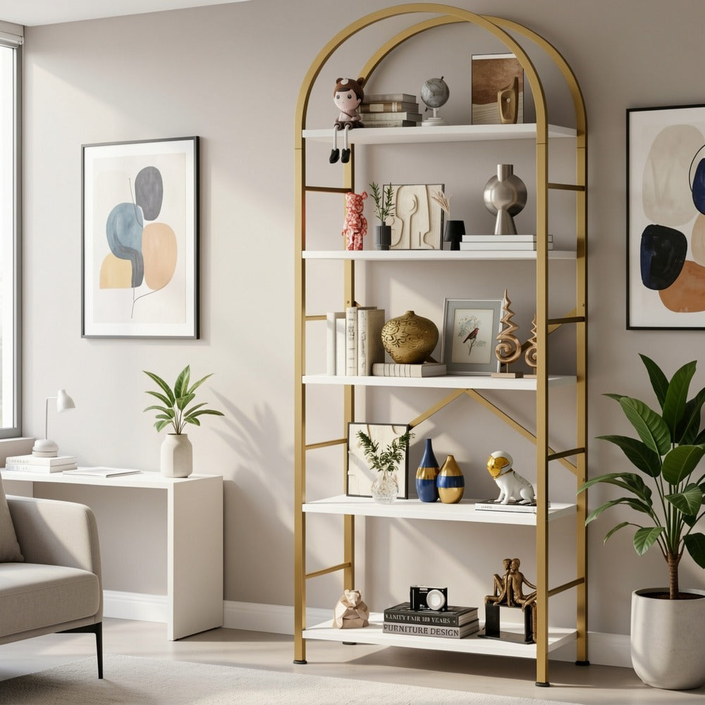 5-Tier Arched Bookshelf with Metal Frame – Tall Farmhouse Display Shelf for Bedroom, Living Room & Home Office, Grey Industrial Book Shelf Storage Rack