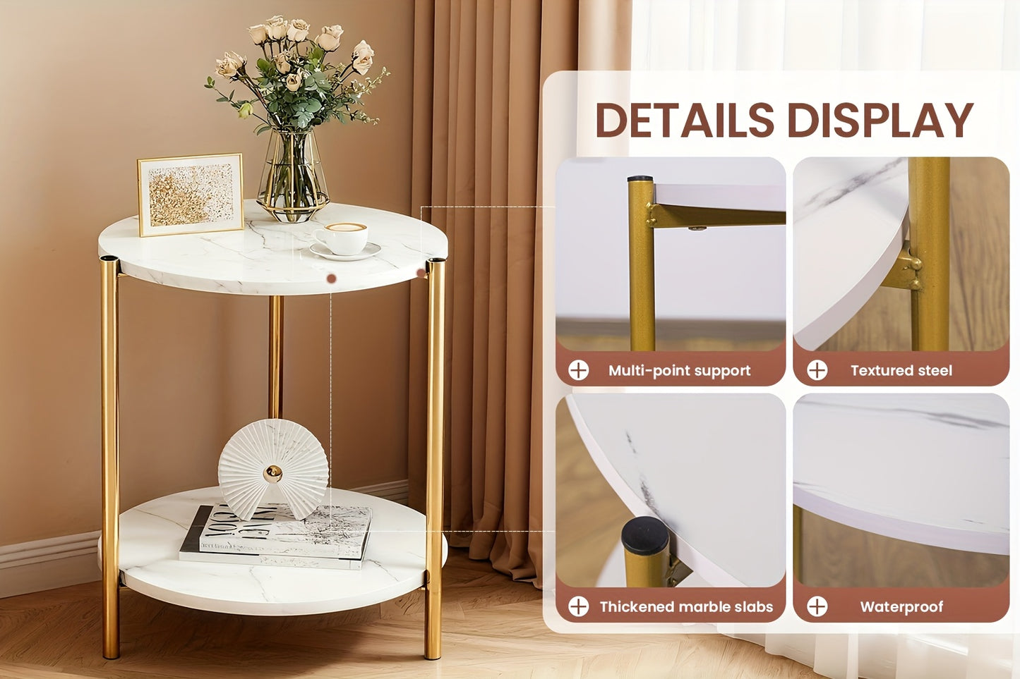 White Marble-Patterned Round Coffee Table, Double-Layer Storage Design, Artistic Modern Roostertail Table in White and Golden, Perfect for Living Room, Bedroom, Daily Use, Decoration, Or as A Gift