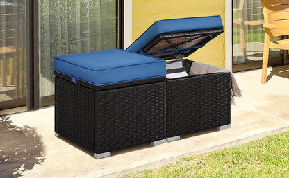 Costoffs 2pcs Rattan Ottomans with Hidden Storage & Removable Cushions, Outdoor Patio Furniture Ottoman Set, Versatile Resin Wicker Footstools, Side Tables, Additional Seating for Garden, Balcony, Deck, Khaki/Gray/Blue
