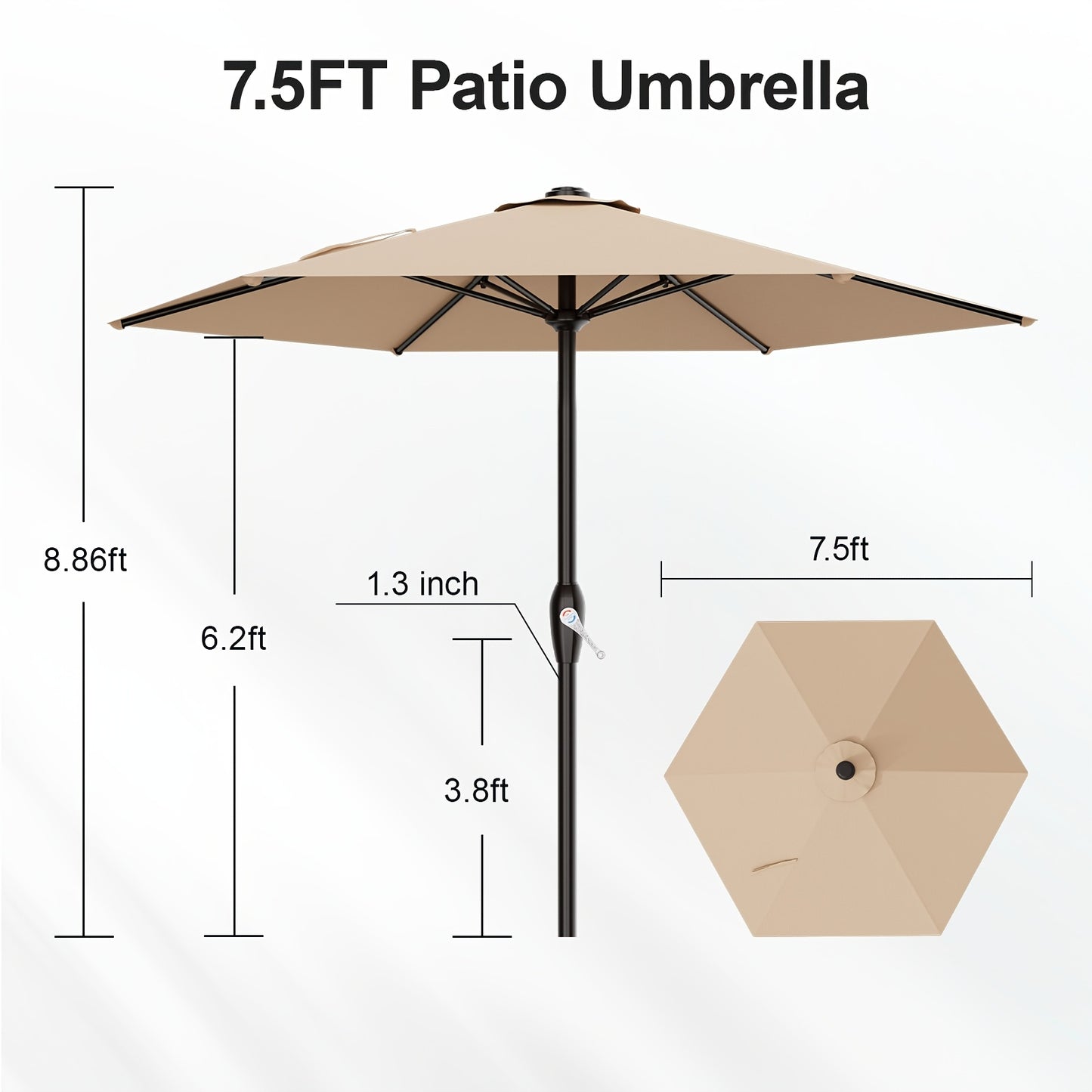 Outdoor Patio Umbrella, Heavy Duty 7.5ft Windproof Market Umbrella with UV Block Canopy, 6 Flexible Fiberglass Ribs, Smooth Crank for Backyard, Beach & Pool, Base Sold Separately