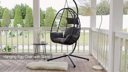 [Egg Swing Chair] Hanging Egg Chair With Stand, Rattan Wicker Egg Chair With Cushion Headrest, Outdoor Indoor Egg Swing Chair With Dual Chains, 350LBS Capacity For Patio, Porch, Balcony, Bedroom (Light Grey)
