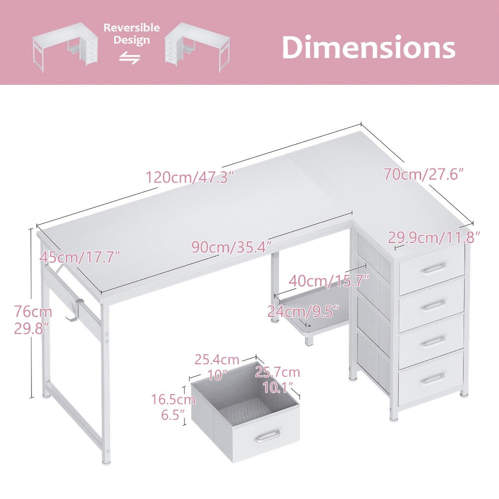 L Shaped Desk with 4 Drawers & Hook – Reversible White Corner Computer Desk with Storage, Study Vanity Table for Home Office Bedroom, 40" & 48" Small Space