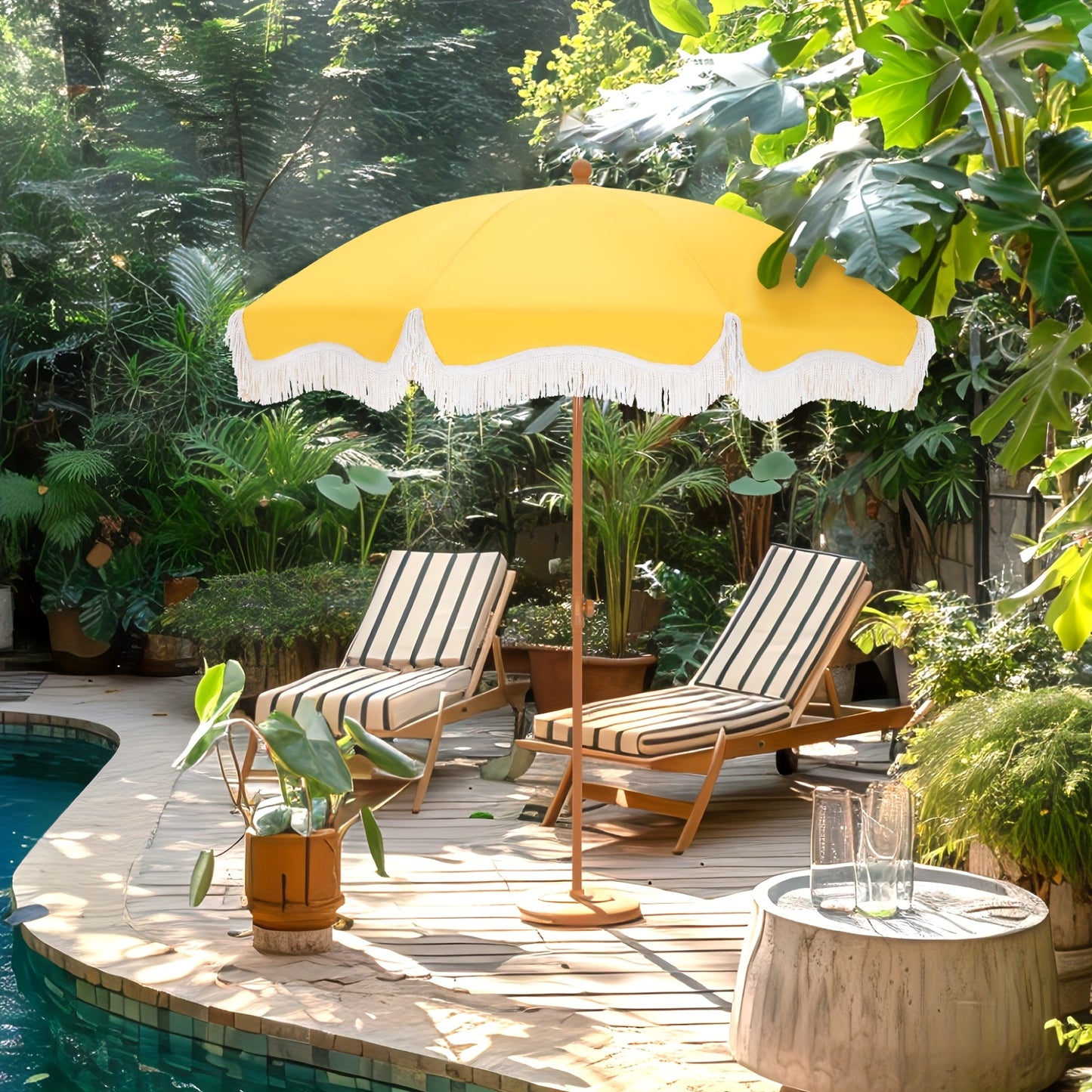 7ft Bohemian Outdoor Umbrella with Fringe Tassels & Carry Bag - UV 50+ Sun Protection, Wind-Resistant Steel Frame, White Canopy with Yellow Fringe Trim, Round Beach & Patio Umbrella for Poolside, Garden, Backyard, Picnic - Easy-Clean Polyester Fabric, Por