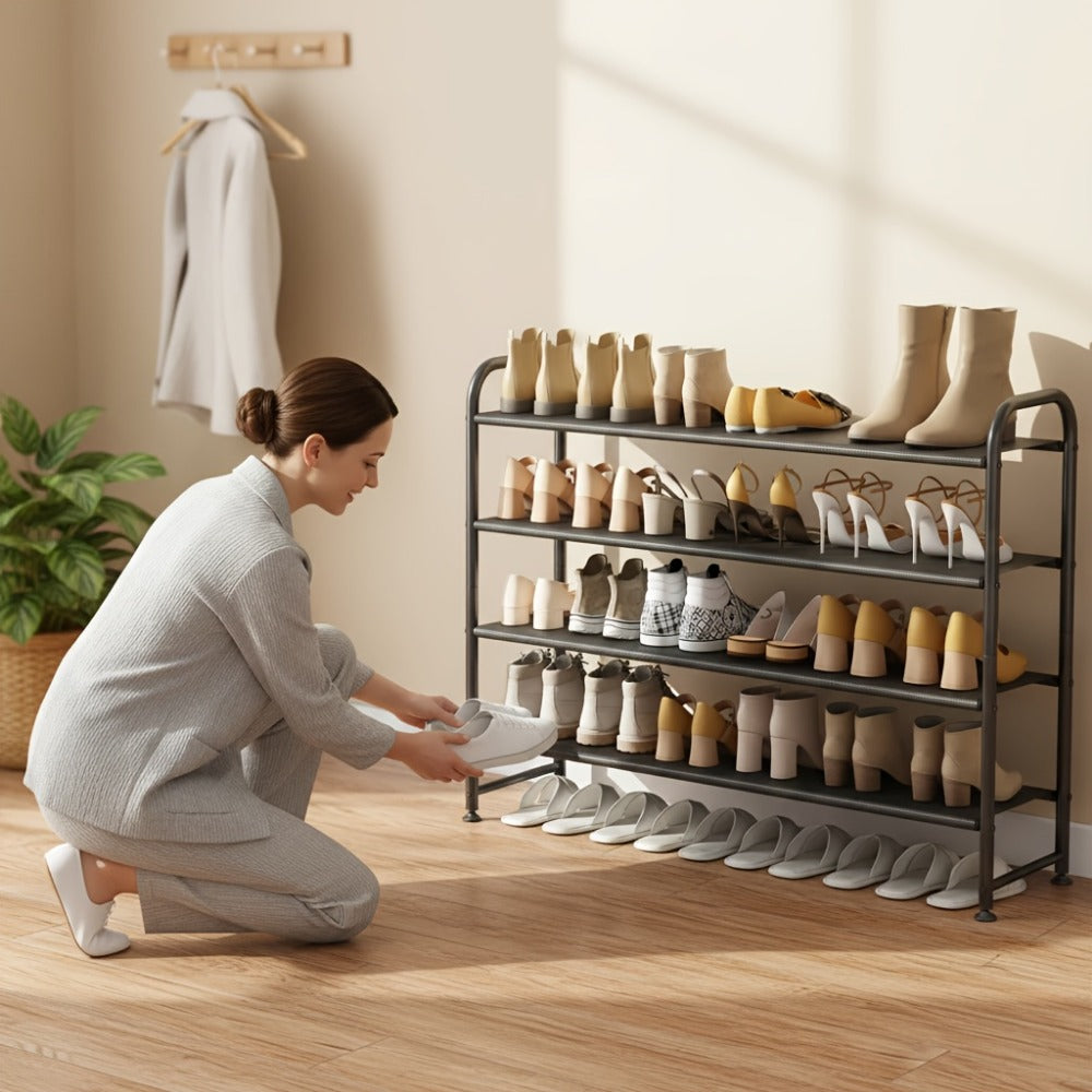 Stackable Shoe Rack Organizer 2 3 4 Tier Wide Long Shelf, Large Capacity Shoe Storage for Entryway Hallway Closet Wardrobe Porch, Holds 18+ Pairs, Dustproof Non-Woven Fabric