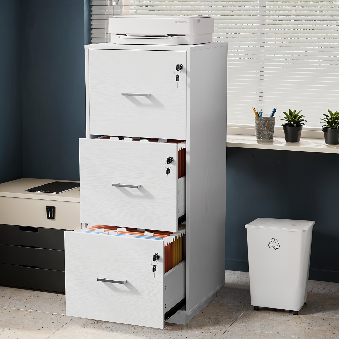 Bonnlo 3-Drawer Lockable File Cabinet - Wood Filling Organizer with 2 Drawers, 27" Height, 3, 2 Cu Ft Storage, Contemporary Style for Home Office, Durable Artificial Wood & Metal Handles, No Assembly Required, File Storage Cabinet, Modern Office Furniture