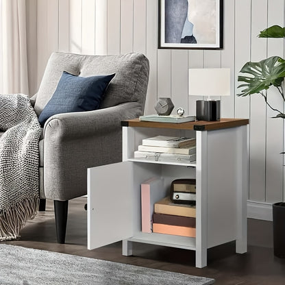 Farmhouse Nightstand, Rustic End Table with Barn Door And Storage Shelf, Bedside Tables Night Stand for Living Room Bedroom, Living Room, White Gray Oak Navy Blue Light Oak Dark Rustic Grey