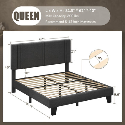 Platform Bed Frame with 21 Inch Soft Padded Headboard Striped or Button Tufted Solid Wood Slats Art Legs Twin Full Queen Black Linen Dark Grey White Velvet