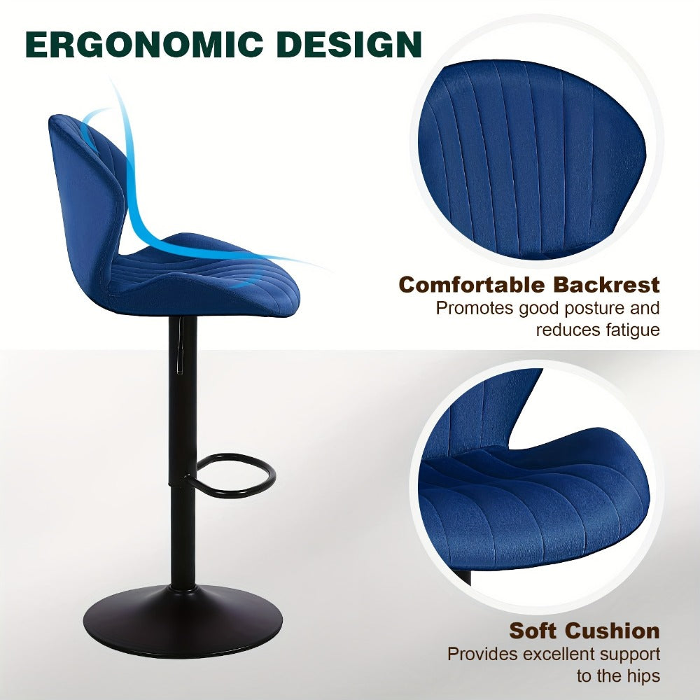 Velvet Bar Stools Set of 2 or 3 with Back & Footrest, Height Adjustable Swivel Counter Stools Shell Shape Kitchen Island Chairs 300 LBS, Green Blue Black Gray