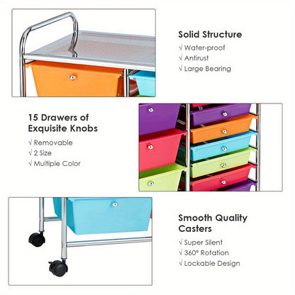 15-Drawer Rolling Storage Cart with Locking Wheels, Steel Frame & Multicolor Opaque Plastic Drawers, Space-Saving Organizer for Home Office Kitchen Bathroom, 5 Large & 10 Small Drawers