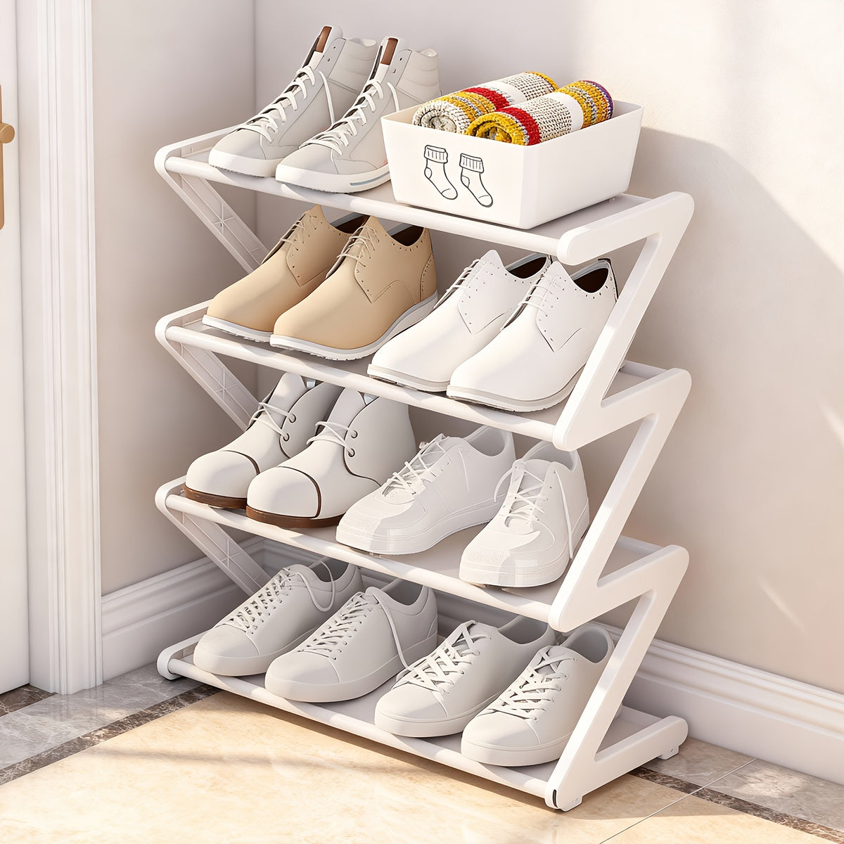 Stackable Shoe Rack 4 Tier Z-Shaped Organizer with Independent Storage Boxes, Fabric Entryway Shelf for Living Room Bedroom Closet, Black White Pink