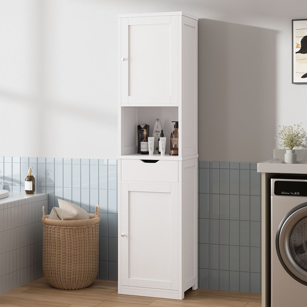 5-Tier Narrow Freestanding Storage Cabinet with 1 Drawer & 2 Doors White, Space-Saving Tower Shelf Floor Cabinet for Bathroom Kitchen Living Room Small Spaces