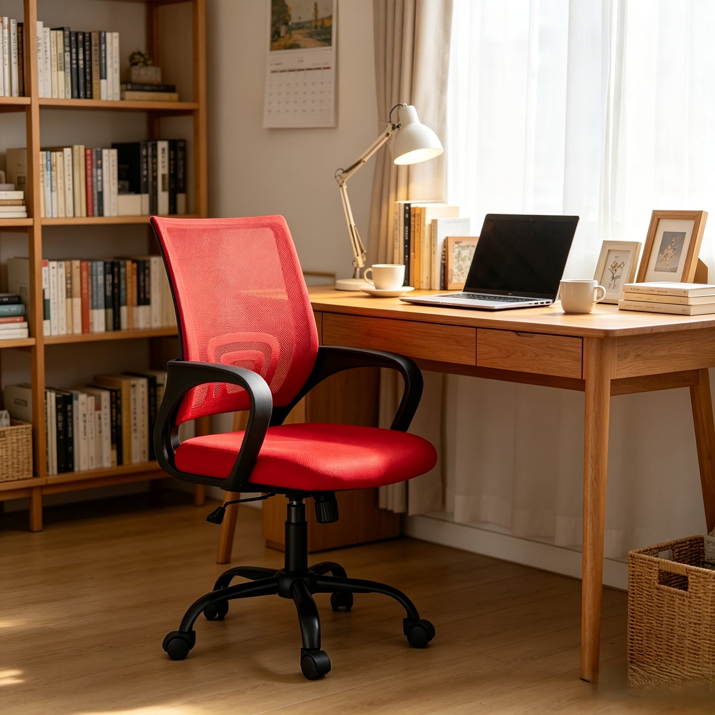 Height Adjustable Office Desk Chair with Lumbar Support Rocking Mode, Fixed Armrests, Swivel Computer Gaming Chair for Conference Meeting Rooms