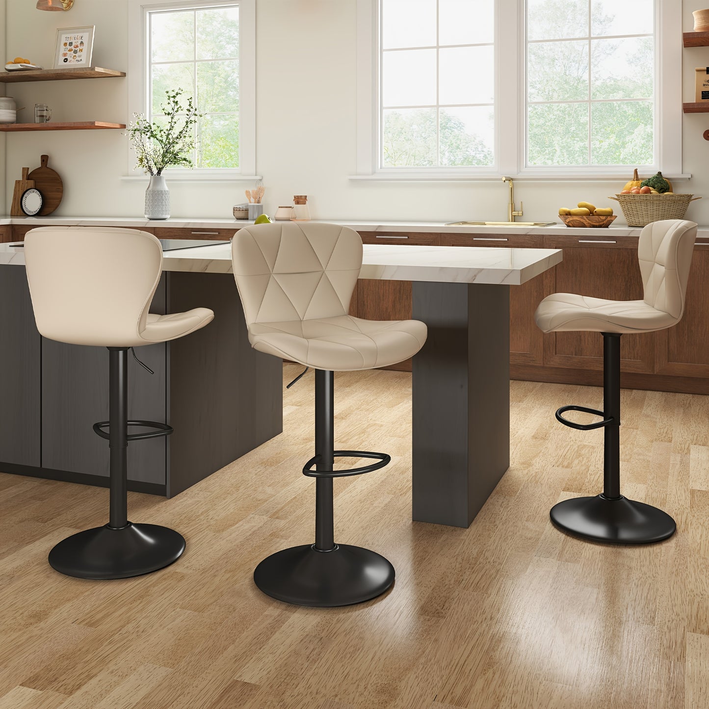 Swivel Bar Stools Set of 1/2/3/4, Adjustable Height Faux Leather Upholstered Counter Stools with Back & Thickened Cushion, Modern Island Barstools for Kitchen, Restaurant & Home Bar – Black White Gray Khaki