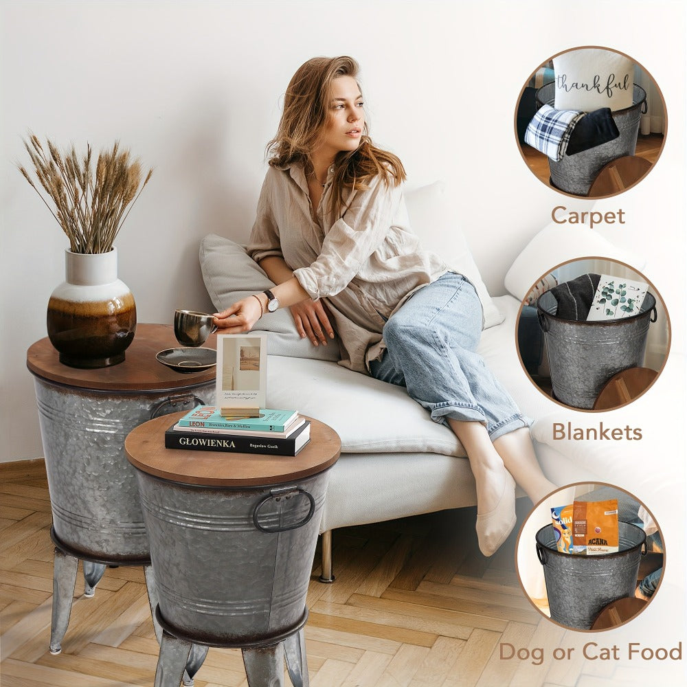 Set of 2 Rustic Farmhouse End Tables with Round Wood Lids, Galvanized Metal Nesting Accent Side Tables for Living Room Bedroom Entryway, Stackable Vintage Décor Tables in Galvanized Black Distressed White