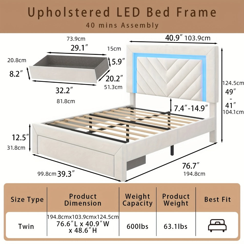 Upholstered Platform Bed Frame with LED Adjustable Headboard, Storage Drawers and Charging Station, No Box Spring Needed, Noise Free, Twin Full Queen, Off White Grey