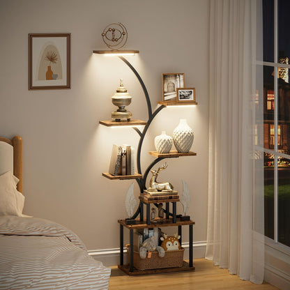 LED Corner Display Stand Bookcase 8-Tier 62" Tree Shaped Plant Shelf Metal Shelving Unit for Living Room Bedroom Study Balcony Home Decor Gift