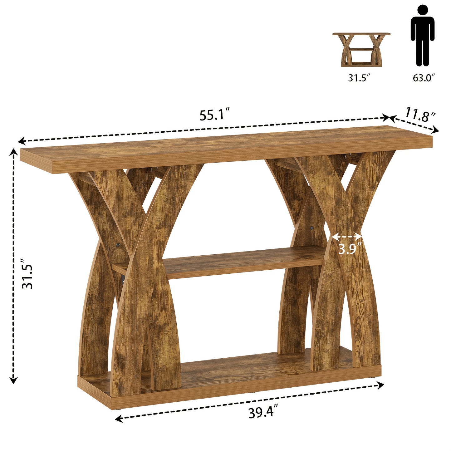 55 "Wooden Rustic Console Table, X-Shaped Leg Design, 2-Tier Shelf. Multifunctional Storage. Suitable for Use Behind The Sofa in The Living Room, in The Corridor, in The Entrance Hall, Or at The Entrance. Light Brown And Tiger Brown