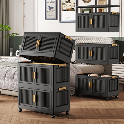 Foldable Storage Cabinet 3/4/5 Tier Stackable Plastic Boxes with Lids & Casters, Portable Modular Wardrobe Organizer for Bedroom Kitchen Living Room Entryway