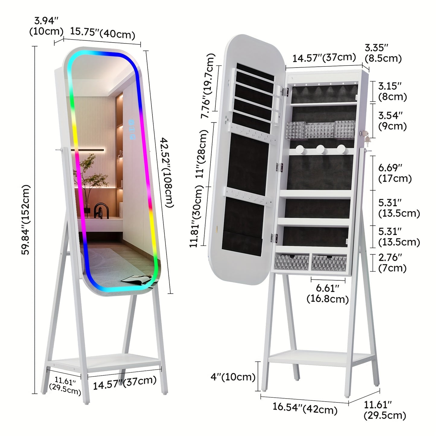 LED Jewelry Cabinet with Mirror - Lockable Arched Storage Organizer for Necklaces And Rings, Hanging Or Floor Standing
