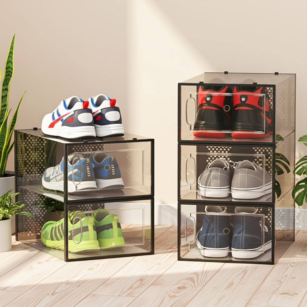 Clear Stackable Shoe Storage Boxes with Flip Top Lid, Foldable Plastic Shoe Organizer for Closet, Sneaker Container Bins – 6/10/12/24 Pack, Black or White