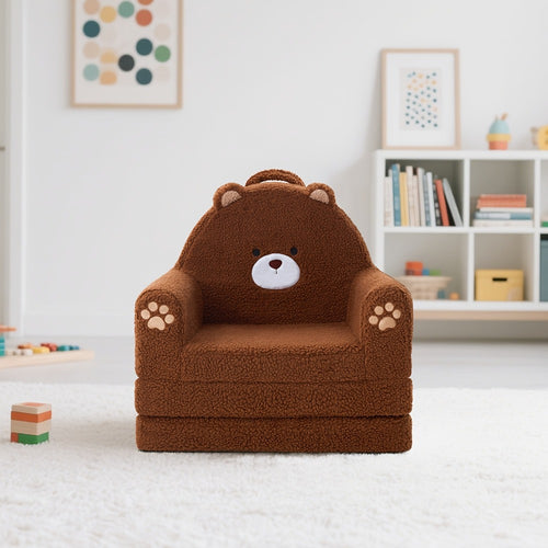Kids Sofa 2-in-1 Convertible Kids Couch Fold Out Lounger Soft Sherpa Kids Chair High-Density Foam Sofa Cute Brown Bear Playroom Nursery Furniture for Boys Girls Room Decor