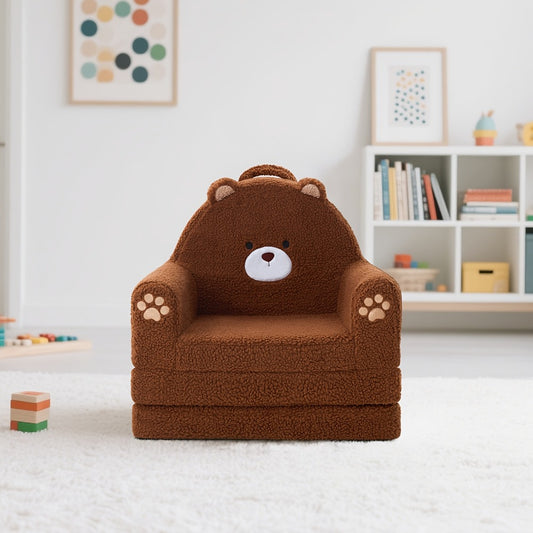 Kids Sofa 2-in-1 Convertible Kids Couch Fold Out Lounger Soft Sherpa Kids Chair High-Density Foam Sofa Cute Brown Bear Playroom Nursery Furniture for Boys Girls Room Decor