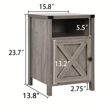 Farmhouse Nightstand, Rustic End Table with Barn Door And Storage Shelf, Bedside Tables Night Stand for Living Room Bedroom, Living Room, White Gray Oak Navy Blue Light Oak Dark Rustic Grey