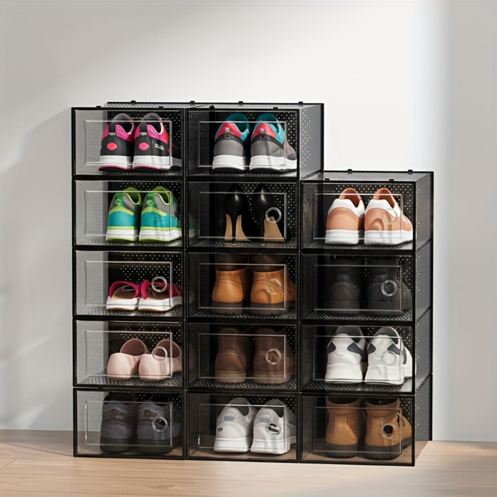 Clear Stackable Shoe Boxes with Lids 6, 12 or 24 Pack, Plastic Shoe Storage Organizer for Closet Sneaker Display, Modular Space Saving Shoe Containers, Black White
