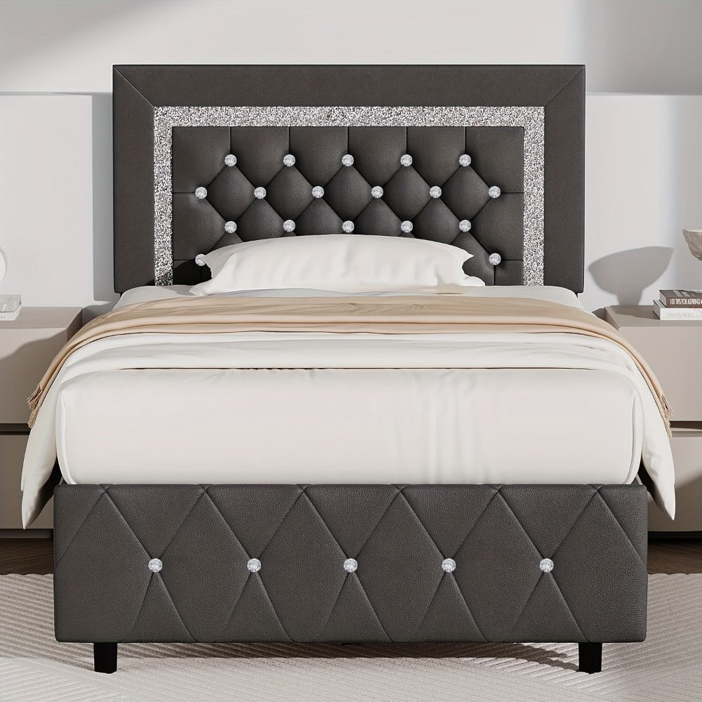 Upholstered Platform Bed Frame with Button-Tufted Diamond Headboard – Wooden Slats, No Box Spring Needed, Twin Full Queen King, Black White Pink Green Gray Beige