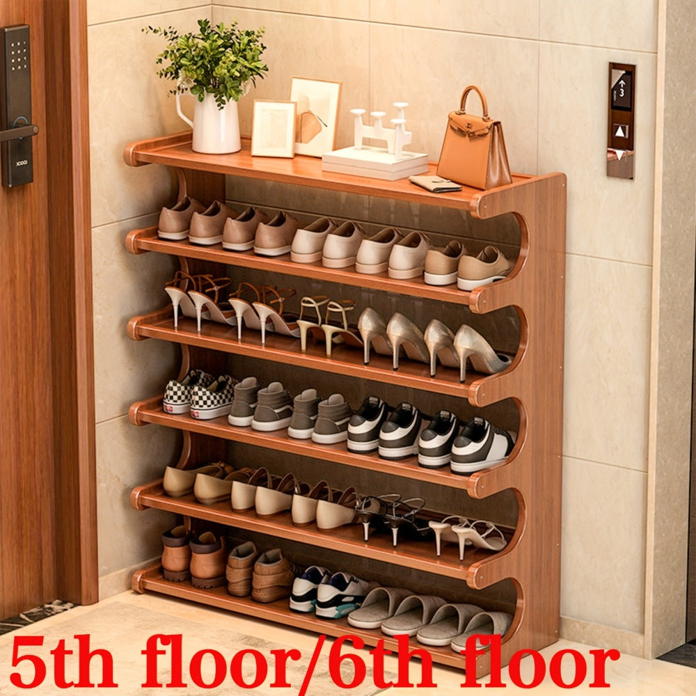 Freestanding Shoe Rack 6 Layer 31.5 Inch Wood Grain Multi-Tier Independent Design, Space-Saving Self-Standing Shoe Cabinet for Entryway Dormitory Living Room, Easy Assembly Brown