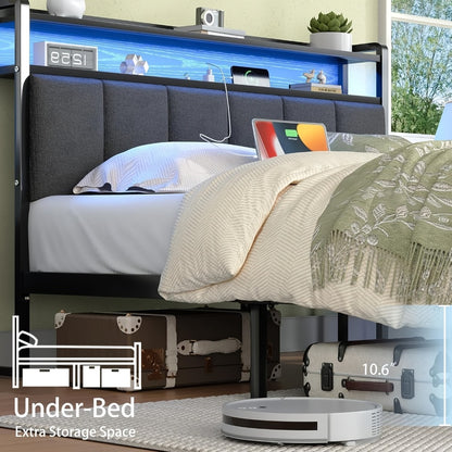 Bed Frame with Storage Headboard LED Lights and Charging Station Twin Full Queen King Heavy Duty Metal Slatted Base No Box Spring White Grey Cream