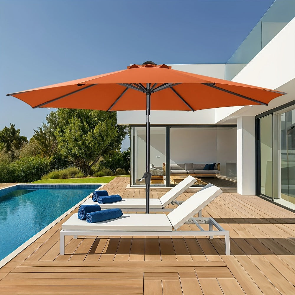 9ft Patio Umbrella UPF50+ 220GSM Solution-Dyed Fabric Push Button Tilt & Crank – 8 Steel Ribs Vented Canopy for Garden Deck Backyard Pool (Beige, Red, Dark Blue)