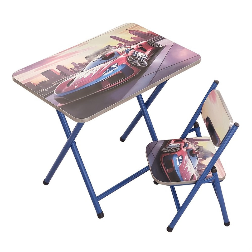 Foldable Kids Table & Chair Set with Cute Pattern, Sturdy Metal Frame Children's Desk for Writing, Drawing & Playtime