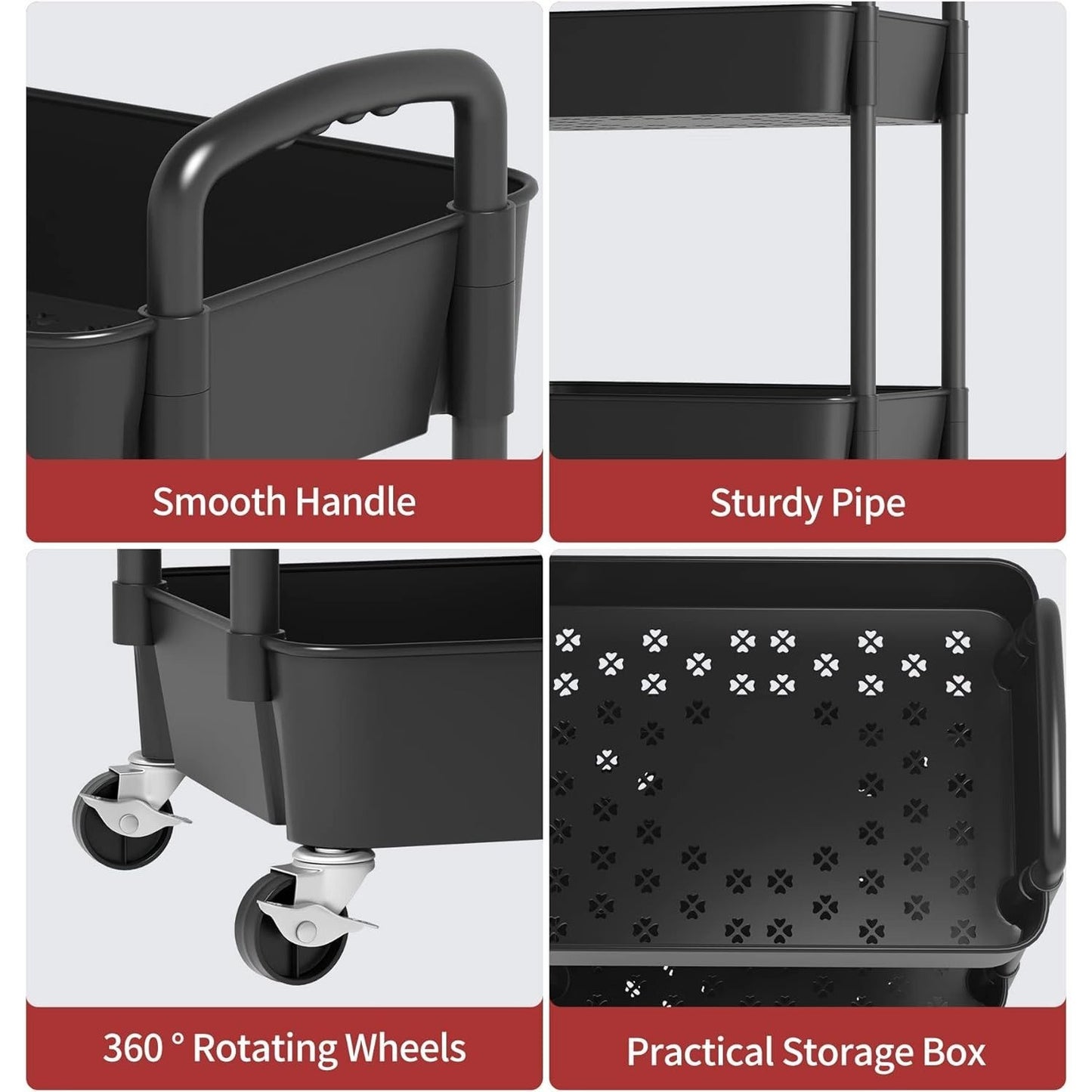 3-Tier Plastic Rolling Utility Cart with Handle, Multi-Functional Storage Trolley for Office, Living Room, Kitchen, Movable Storage Organizer with Wheels