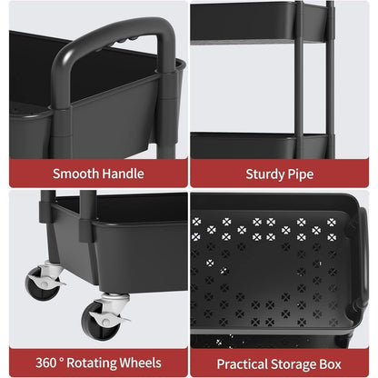 3-Tier Plastic Rolling Utility Cart with Handle, Multi-Functional Storage Trolley for Office, Living Room, Kitchen, Movable Storage Organizer with Wheels