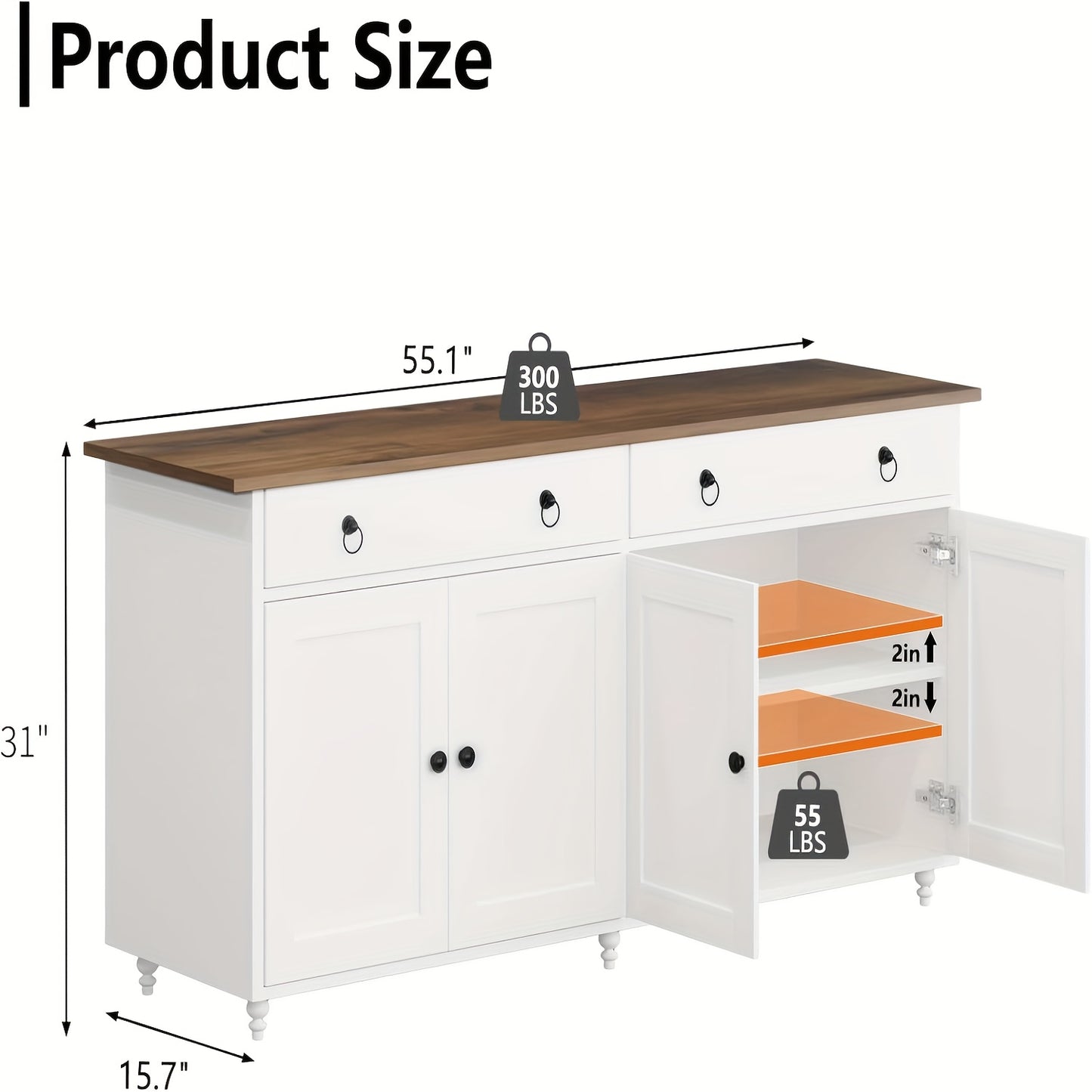 55" Buffet Cabinet, Coffee Bar with 4 Doors And 2 Drawers, Sideboard Cabinet with Adjustable Shelves, Coffee Bar Cabinet for Kitchen, Dining Room, Entryway, White/Black