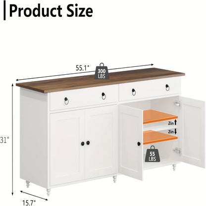 55" Buffet Cabinet, Coffee Bar with 4 Doors And 2 Drawers, Sideboard Cabinet with Adjustable Shelves, Coffee Bar Cabinet for Kitchen, Dining Room, Entryway, White/Black
