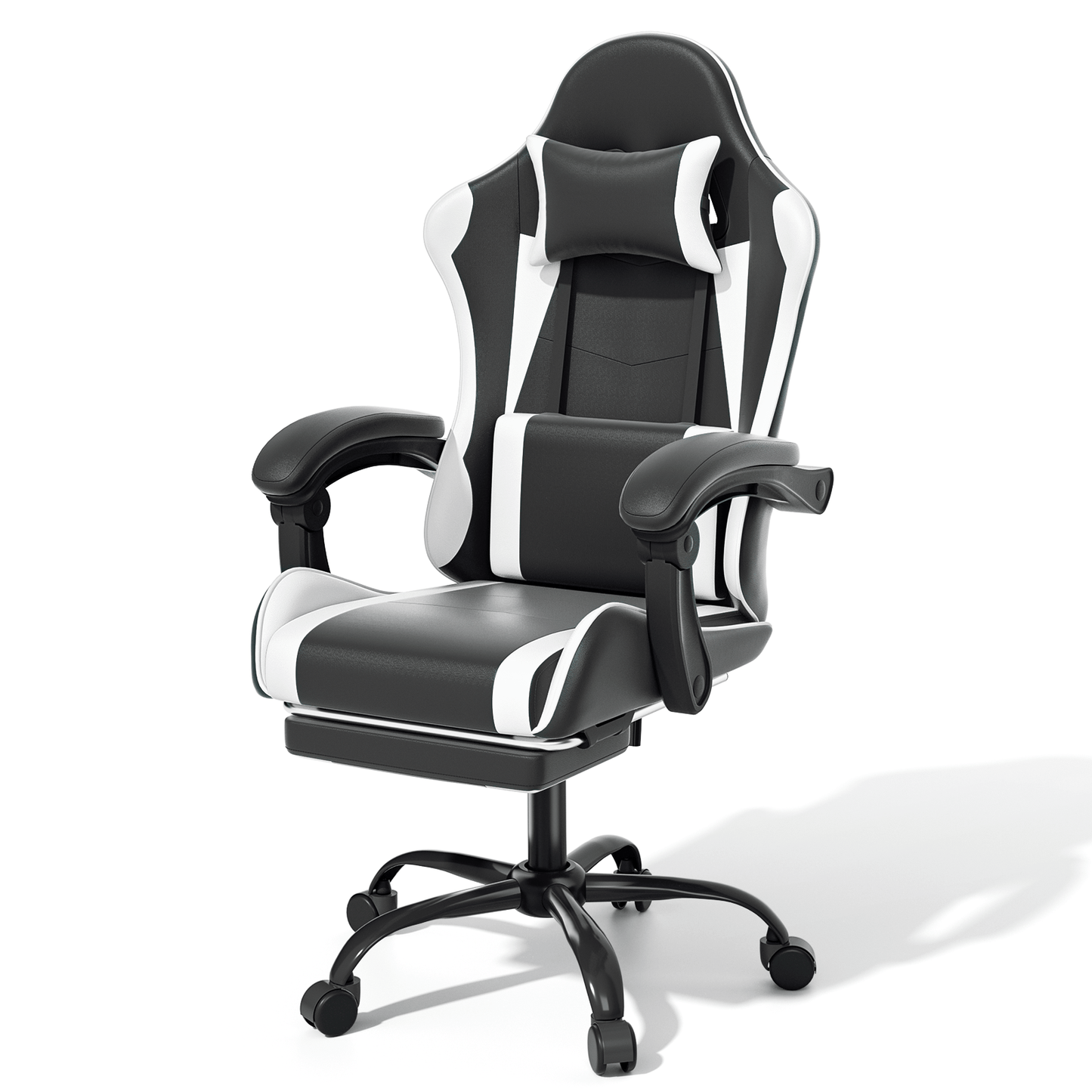 Ergonomic Gaming Chair with Retractable Footrest & Detachable Lumbar Support 360 Degree Swivel Racing Style PU Leather Computer Gaming Chair with Headrest for Home Bedroom Office